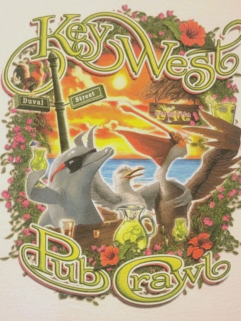 KEY WEST Pub Crawl Shirt M Duval Margarita Life Dolphin Pelican Seagull Rooster